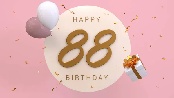 Elegant Greeting celebration 88 years birthday. Happy birthday, congratulations poster. Golden numbers with sparkling golden confetti and balloons. 3d render illustration