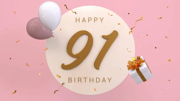 Elegant Greeting celebration 91 years birthday. Happy birthday, congratulations poster. Golden numbers with sparkling golden confetti and balloons. 3d render illustration