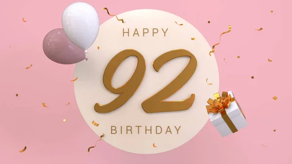 Elegant Greeting celebration 92 years birthday. Happy birthday, congratulations poster. Golden numbers with sparkling golden confetti and balloons. 3d render illustration