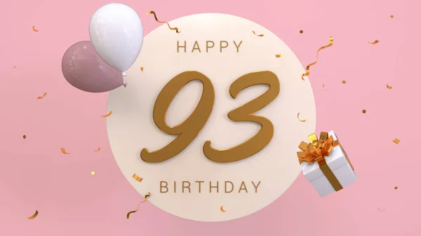 Elegant Greeting celebration 93 years birthday. Happy birthday, congratulations poster. Golden numbers with sparkling golden confetti and balloons. 3d render illustration