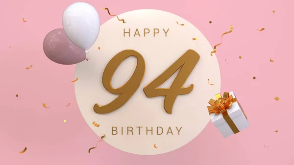 Elegant Greeting celebration 94 years birthday. Happy birthday, congratulations poster. Golden numbers with sparkling golden confetti and balloons. 3d render illustration