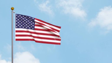 Amerika Birleşik Devletleri 'nin bayrağını gökyüzüne sallamak. Amerikan vatanseverliğine adanmış dinamik 3D çizimler. Gökyüzüne karşı sembolik Amerikan bayrağı.