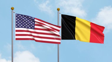 Arka planda Amerika Birleşik Devletleri ve Belçika bayrakları sallıyordu. Uluslararası Diplomasi, Dostluk ve Gökyüzüne Karşı Yükselen Bayraklarla Ortaklık. 3B illüstrasyon
