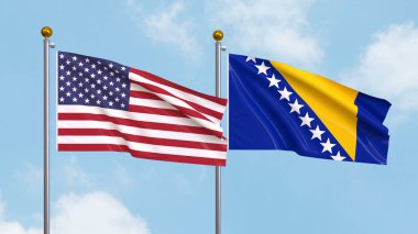 Arka planda Amerika Birleşik Devletleri ve Bosna-Hersek bayrakları var. Diplomasi, Dostluk ve Gökyüzüne Karşı Yükselen Bayraklarla Ortaklık. 3B illüstrasyon