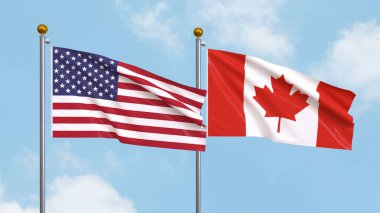 Waving flags of the United States of America and Canada on sky background. Illustrating International Diplomacy, Friendship and Partnership with Soaring Flags against the Sky. 3D illustration clipart