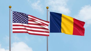 Arka planda Amerika Birleşik Devletleri ve Çad bayrakları sallıyordu. Uluslararası Diplomasi, Dostluk ve Gökyüzüne Karşı Yükselen Bayraklarla Ortaklık. 3B illüstrasyon