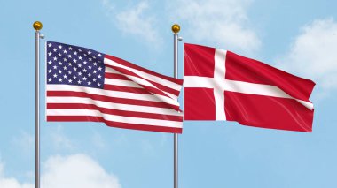 Arka planda Amerika Birleşik Devletleri ve Danimarka bayrakları sallıyordu. Uluslararası Diplomasi, Dostluk ve Gökyüzüne Karşı Yükselen Bayraklarla Ortaklık. 3B illüstrasyon