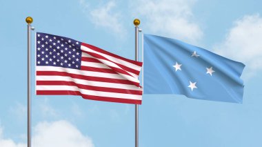 Amerika Birleşik Devletleri ve Mikronezya Birleşik Devletleri bayrakları gökyüzü arka planında. Diplomasi, Dostluk ve Gökyüzüne Karşı Yükselen Bayraklarla Ortaklık. 3B illüstrasyon
