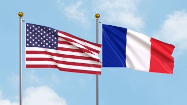 Arka planda Amerika Birleşik Devletleri ve Fransa 'nın bayraklarını sallıyordu. Uluslararası Diplomasi, Dostluk ve Gökyüzüne Karşı Yükselen Bayraklarla Ortaklık. 3B illüstrasyon