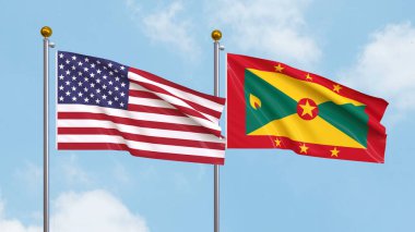 Amerika Birleşik Devletleri ve gökyüzü arka planında Grenada bayrakları sallıyordu. Uluslararası Diplomasi, Dostluk ve Gökyüzüne Karşı Yükselen Bayraklarla Ortaklık. 3B illüstrasyon