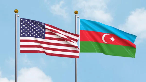 Ondeando Banderas Los Estados Unidos América Azerbaiyán Fondo Del Cielo — Foto de Stock