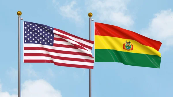 Mávání Vlajkami Spojených Států Amerických Bolívie Pozadí Oblohy Ilustrace Mezinárodní — Stock fotografie