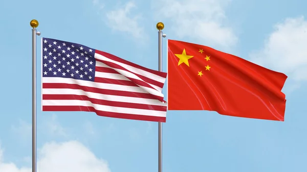在天空背景下飘扬着美利坚合众国和中国的国旗 说明国际外交 友谊和与高举旗帜对抗天空的伙伴关系 3D插图 — 图库照片