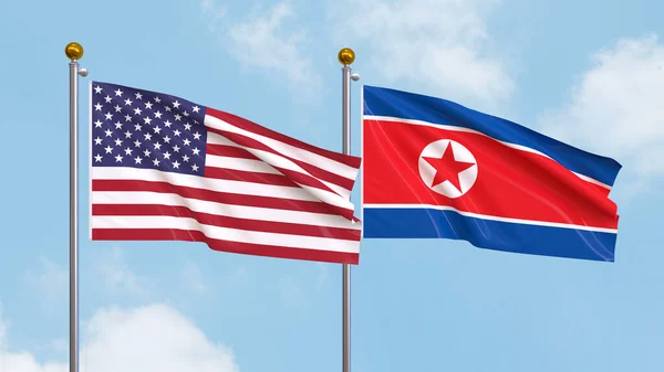 在天空背景下飘扬着美利坚合众国和北朝鲜的国旗 说明国际外交 友谊和与高举旗帜对抗天空的伙伴关系 3D插图 — 图库照片