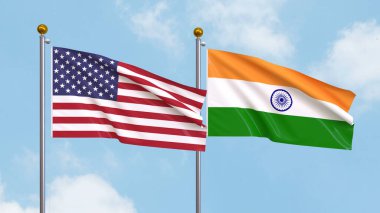 Arka planda Amerika Birleşik Devletleri ve Hindistan 'ın bayraklarını sallıyordu. Uluslararası Diplomasi, Dostluk ve Gökyüzüne Karşı Yükselen Bayraklarla Ortaklık. 3B illüstrasyon
