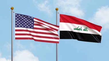 Arka planda Amerika Birleşik Devletleri ve Irak bayrakları sallıyordu. Uluslararası Diplomasi, Dostluk ve Gökyüzüne Karşı Yükselen Bayraklarla Ortaklık. 3B illüstrasyon