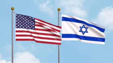 Arka planda Amerika Birleşik Devletleri ve İsrail 'in bayraklarını sallıyordu. Uluslararası Diplomasi, Dostluk ve Gökyüzüne Karşı Yükselen Bayraklarla Ortaklık. 3B illüstrasyon