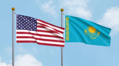 Arka planda Amerika Birleşik Devletleri ve Kazakistan bayrakları sallıyordu. Uluslararası Diplomasi, Dostluk ve Gökyüzüne Karşı Yükselen Bayraklarla Ortaklık. 3B illüstrasyon