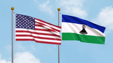 Arka planda Amerika Birleşik Devletleri ve Lesotho bayrakları sallıyordu. Uluslararası Diplomasi, Dostluk ve Gökyüzüne Karşı Yükselen Bayraklarla Ortaklık. 3B illüstrasyon