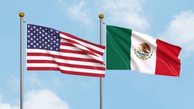 Arka planda Amerika Birleşik Devletleri ve Meksika bayrakları sallıyordu. Uluslararası Diplomasi, Dostluk ve Gökyüzüne Karşı Yükselen Bayraklarla Ortaklık. 3B illüstrasyon