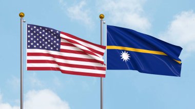 Amerika Birleşik Devletleri bayraklarını sallıyor ve gökyüzünde Nauru sallıyor. Uluslararası Diplomasi, Dostluk ve Gökyüzüne Karşı Yükselen Bayraklarla Ortaklık. 3B illüstrasyon