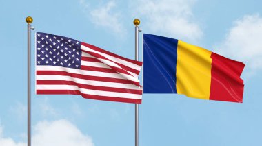 Arka planda Amerika Birleşik Devletleri ve Romanya 'nın bayraklarını sallıyordu. Uluslararası Diplomasi, Dostluk ve Gökyüzüne Karşı Yükselen Bayraklarla Ortaklık. 3B illüstrasyon