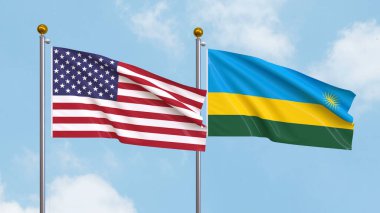 Arka planda Amerika Birleşik Devletleri ve Ruanda bayrakları sallıyordu. Uluslararası Diplomasi, Dostluk ve Gökyüzüne Karşı Yükselen Bayraklarla Ortaklık. 3B illüstrasyon
