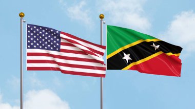 Amerika Birleşik Devletleri bayrakları ve gökyüzü arka planında Saint Kitts ve Nevis. Uluslararası Diplomasi, Dostluk ve Gökyüzüne Karşı Yükselen Bayraklarla Ortaklık. 3B illüstrasyon
