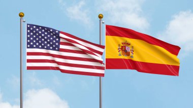 Arka planda Amerika Birleşik Devletleri ve İspanya 'nın bayraklarını sallıyordu. Uluslararası Diplomasi, Dostluk ve Gökyüzüne Karşı Yükselen Bayraklarla Ortaklık. 3B illüstrasyon