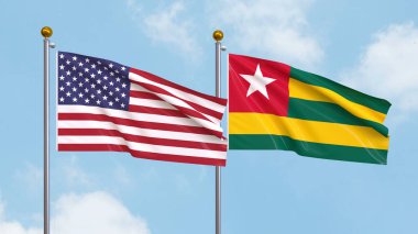 Arka planda Amerika Birleşik Devletleri ve Togo bayrakları sallıyordu. Uluslararası Diplomasi, Dostluk ve Gökyüzüne Karşı Yükselen Bayraklarla Ortaklık. 3B illüstrasyon
