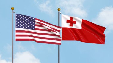 Arka planda Amerika Birleşik Devletleri ve Tonga bayrakları sallıyordu. Uluslararası Diplomasi, Dostluk ve Gökyüzüne Karşı Yükselen Bayraklarla Ortaklık. 3B illüstrasyon