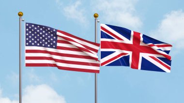 Arka planda Amerika Birleşik Devletleri ve Birleşik Krallık bayrakları sallıyordu. Uluslararası Diplomasi, Dostluk ve Gökyüzüne Karşı Yükselen Bayraklarla Ortaklık. 3B illüstrasyon