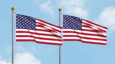 Arka planda Amerika Birleşik Devletleri 'nin iki bayrağı sallanıyor. 3B illüstrasyon