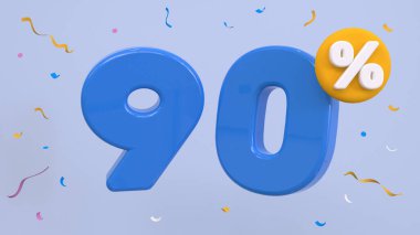 Yüzde 90 indirim. Yaratıcı kompozisyon indirimi. Dekoratif nesnelerle% 90 sembol. Satış afişi ve poster. 3d resimleme