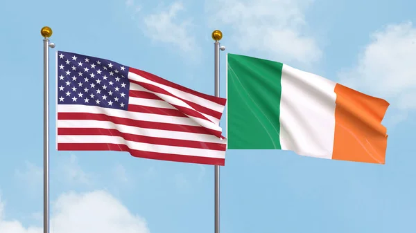 Waving Flags United States America Ireland Sky Background Illustrating International — Stock Photo, Image