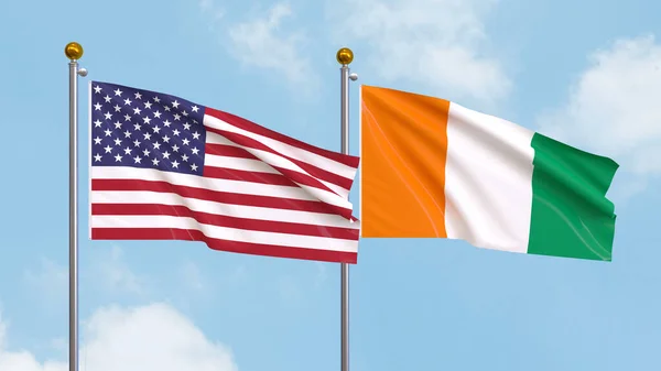Waving Flags United States America Ivory Coast Sky Background Illustrating — Stock Photo, Image