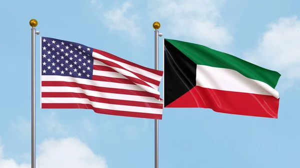 Agitant Des Drapeaux Des États Unis Amérique Koweït Sur Fond — Photo