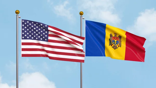 Stock image Waving flags of the United States of America and Moldova on sky background. Illustrating International Diplomacy, Friendship and Partnership with Soaring Flags against the Sky. 3D illustration