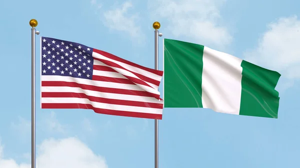 Waving Flags United States America Nigeria Sky Background Illustrating International — Stock Photo, Image