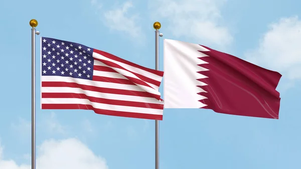 Agitant Des Drapeaux Des États Unis Amérique Qatar Sur Fond — Photo