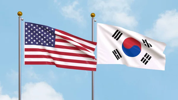 在天空背景下飘扬着美利坚合众国和韩国的国旗 说明国际外交 友谊和与高举旗帜对抗天空的伙伴关系 3D插图 — 图库照片