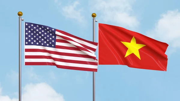 在天空背景下飘扬着美利坚合众国和越南的国旗 说明国际外交 友谊和与高举旗帜对抗天空的伙伴关系 3D插图 — 图库照片