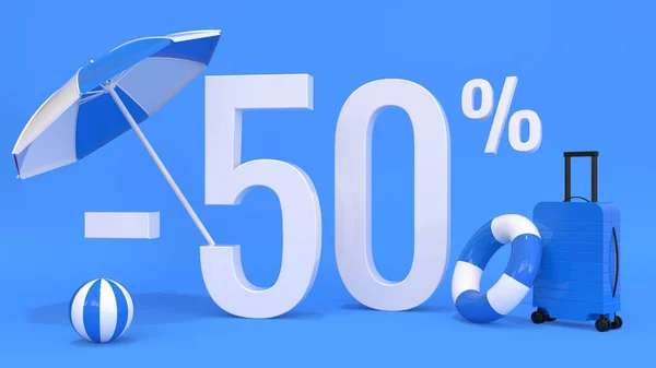 Blue poster with 50 percent sale. Summer sale, vacation sale. Concept for travel agencies, websites, travel discount, vacation. 3d rendering