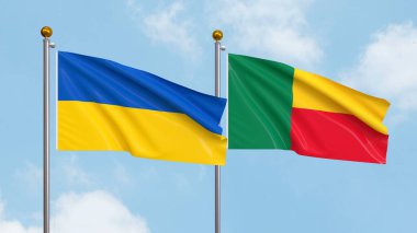 Gökyüzü arka planında Ukrayna ve Benin bayrakları sallıyordu. Uluslararası Diplomasi, Dostluk ve Gökyüzüne Karşı Yükselen Bayraklarla Ortaklık. 3B illüstrasyon