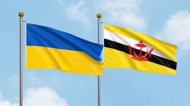 Gökyüzünde Ukrayna ve Brunei bayrakları sallıyordu. Uluslararası Diplomasi, Dostluk ve Gökyüzüne Karşı Yükselen Bayraklarla Ortaklık. 3B illüstrasyon