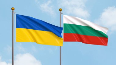 Gökyüzünde Ukrayna ve Bulgaristan bayrakları sallıyordu. Uluslararası Diplomasi, Dostluk ve Gökyüzüne Karşı Yükselen Bayraklarla Ortaklık. 3B illüstrasyon