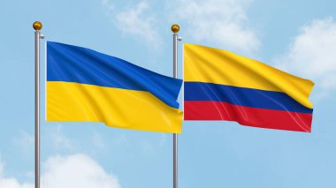 Gökyüzünde Ukrayna ve Kolombiya bayrakları sallıyordu. Uluslararası Diplomasi, Dostluk ve Gökyüzüne Karşı Yükselen Bayraklarla Ortaklık. 3B illüstrasyon