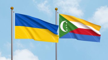 Gökyüzü arka planında Ukrayna ve Komoros bayrakları sallıyordu. Uluslararası Diplomasi, Dostluk ve Gökyüzüne Karşı Yükselen Bayraklarla Ortaklık. 3B illüstrasyon