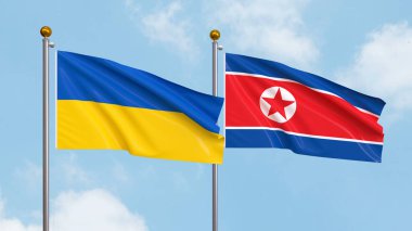 Arka planda Ukrayna ve Kuzey Kore bayrakları sallıyordu. Uluslararası Diplomasi, Dostluk ve Gökyüzüne Karşı Yükselen Bayraklarla Ortaklık. 3B illüstrasyon
