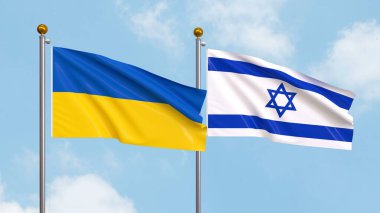 Gökyüzünde Ukrayna ve İsrail bayrakları sallıyordu. Uluslararası Diplomasi, Dostluk ve Gökyüzüne Karşı Yükselen Bayraklarla Ortaklık. 3B illüstrasyon